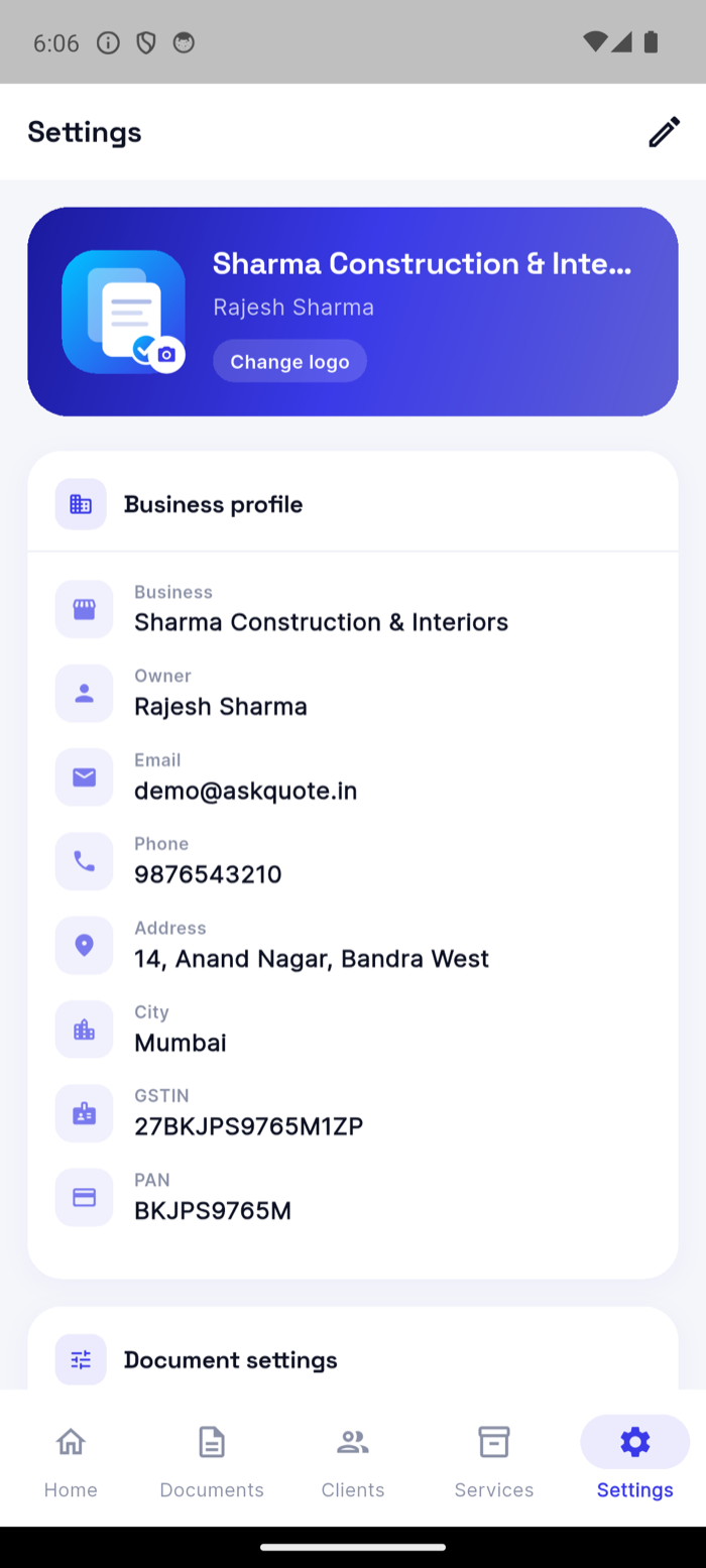 AskQuote business profile with logo, GSTIN, and PAN