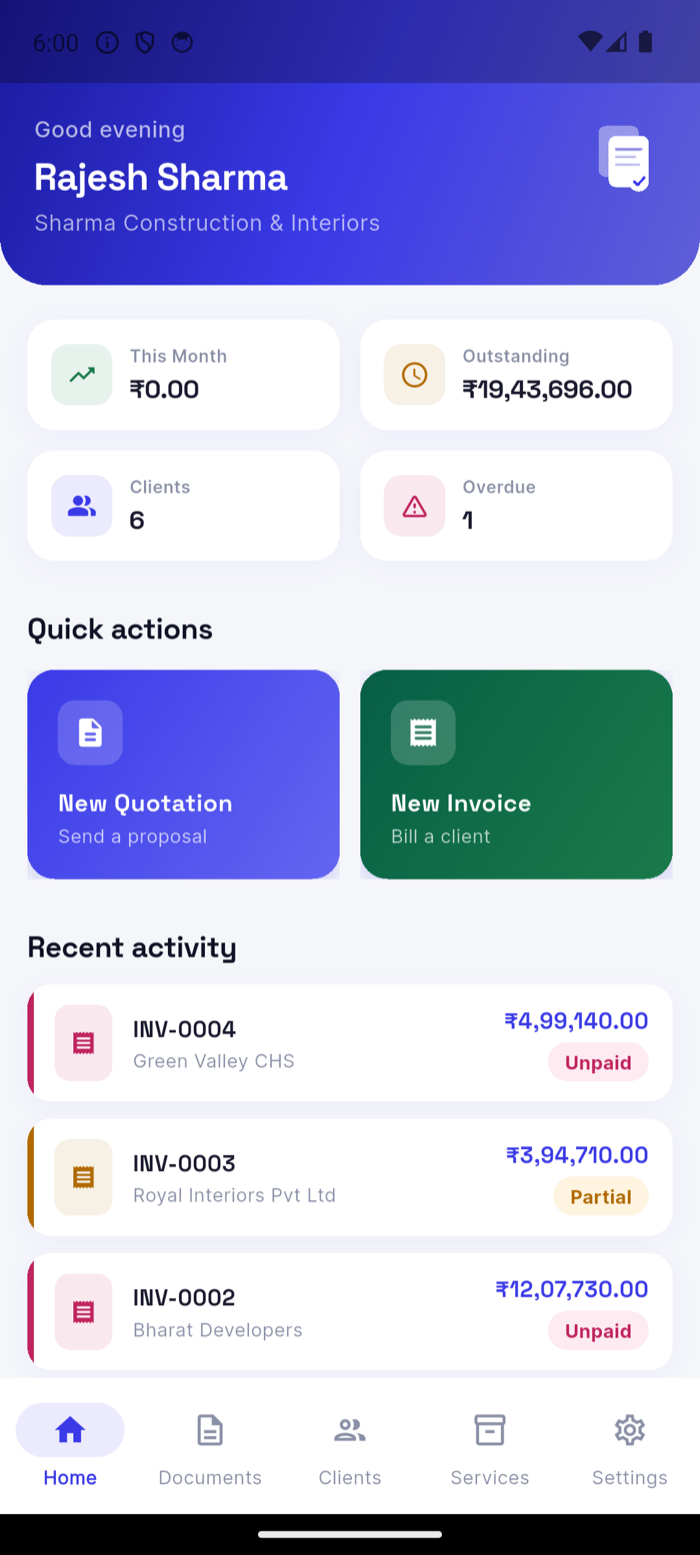 AskQuote dashboard showing outstanding amount and recent activity