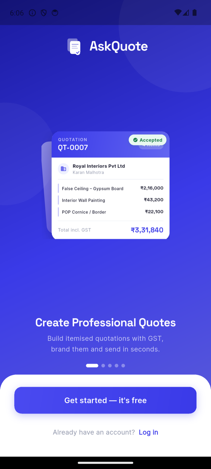 AskQuote quotation QT-0007 for Royal Interiors Pvt Ltd, accepted, total ₹3,31,840 including GST