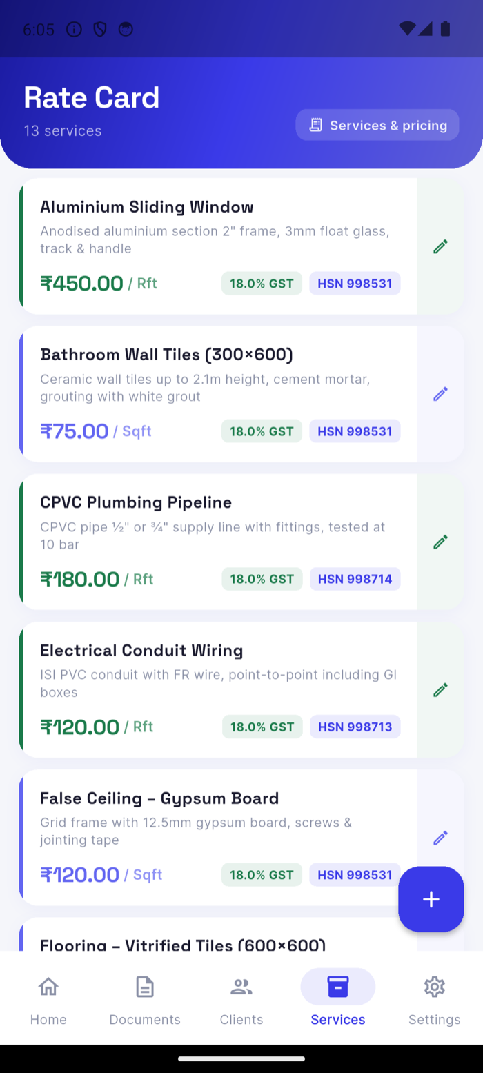 AskQuote rate card with GST rates and HSN codes