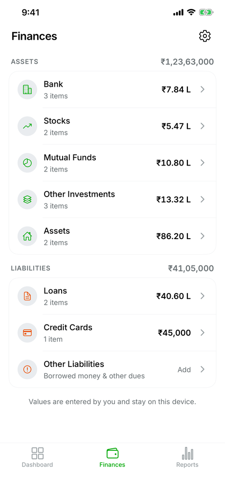The Finances tab, with assets grouped as bank, stocks, mutual funds, other investments and assets, and liabilities listed below