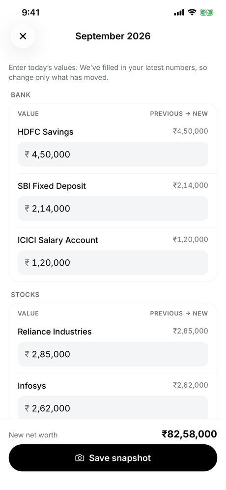An update in progress, with each previous value shown beside the field so only the figures that moved need typing