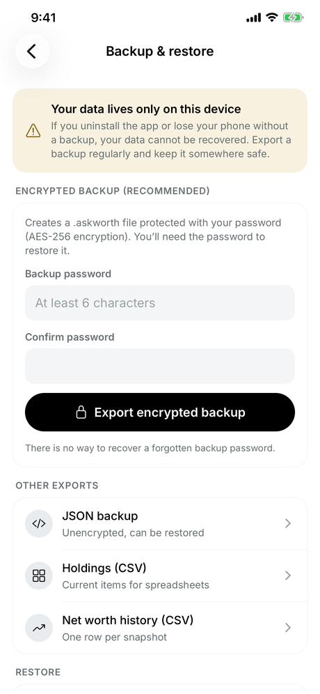 The Backup and restore screen, with an encrypted backup protected by a password and CSV export options
