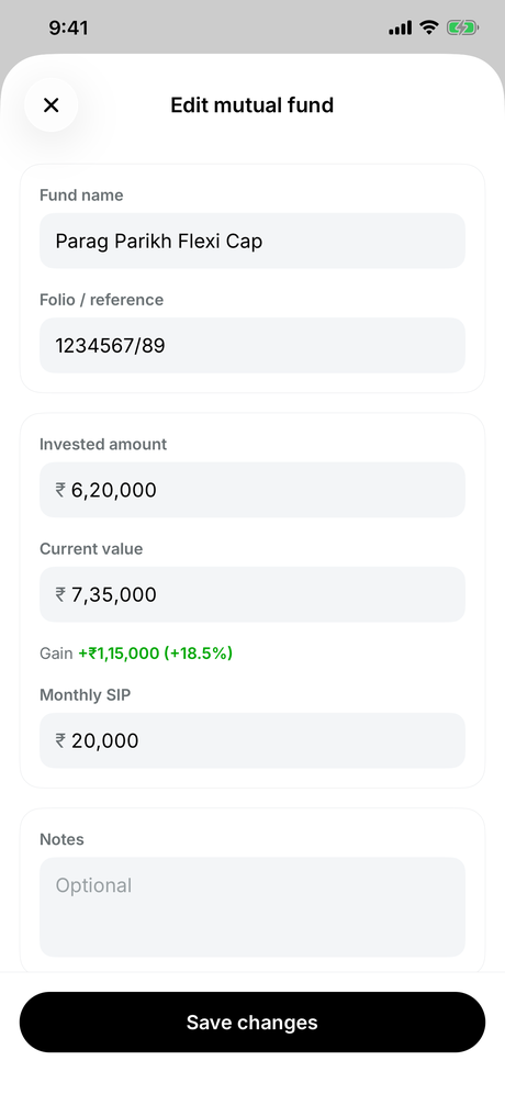 Editing a mutual fund: fund name, folio reference, invested amount and current value, with the gain calculated underneath, plus an optional monthly SIP