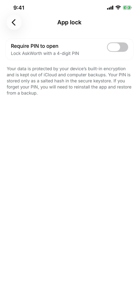 The app lock settings, with a PIN and biometric unlock