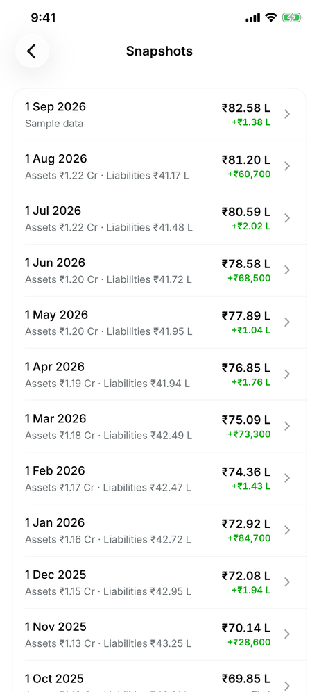 The list of saved snapshots, one for each time the finances were updated