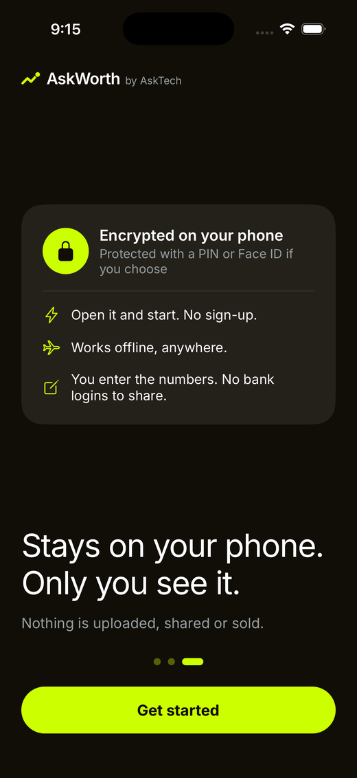 AskWorth privacy screen: encrypted on your phone, protected with a PIN or Face ID, no sign-up, works offline, and no bank logins to share