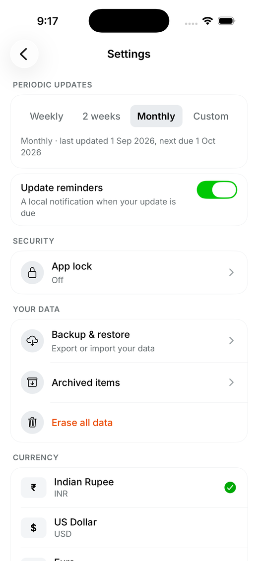 AskWorth settings: periodic updates set to monthly with weekly, fortnightly and custom options, an update reminders toggle, app lock, and backup and restore